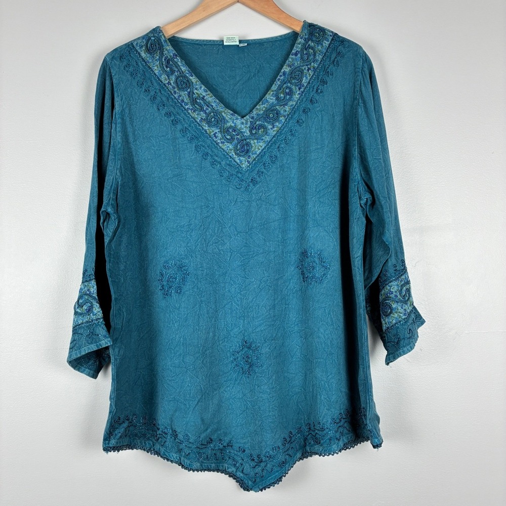 Boho Embroidered Teal Rayon V Neck Top Modern Artsy Hippie Artisan‎ Vintage Insp